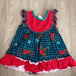 Kids Floral Plaid Dress with Red Lace Accents